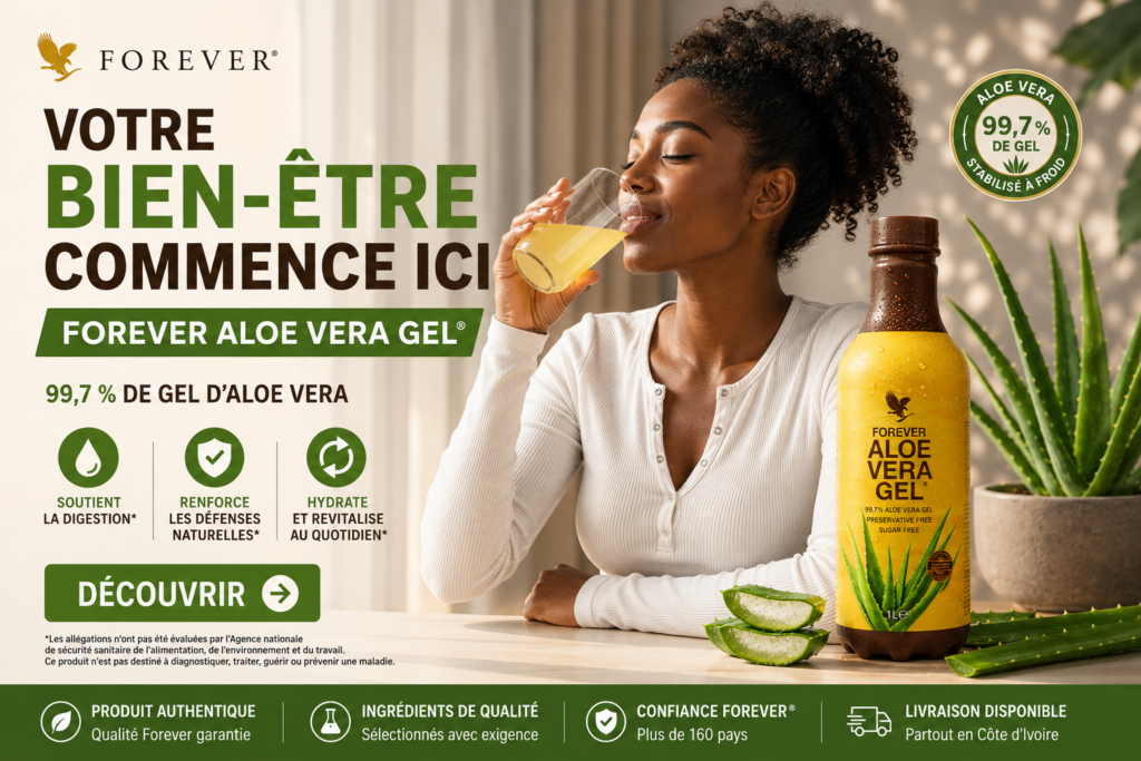 Forever Aloe Vera Gel – boisson à base de 99,7 % de gel d’aloe vera issu de l’intérieur de la feuille.