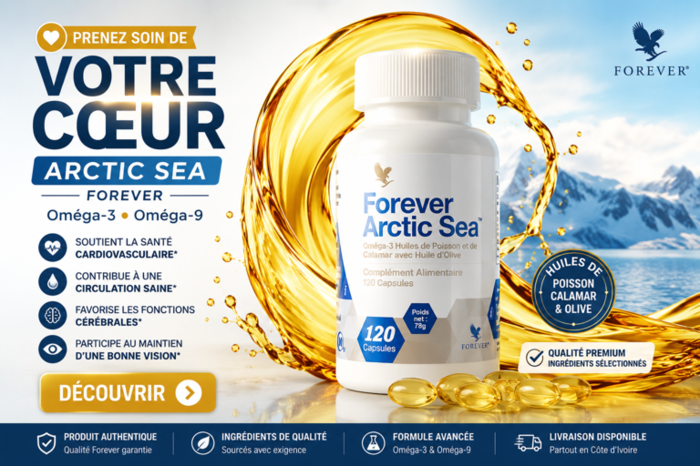 Forever Arctic Sea avec capsule d’oméga-3 et vague d’huile dorée – complément alimentaire à base d’huiles de poisson, de calamar et d’olive.