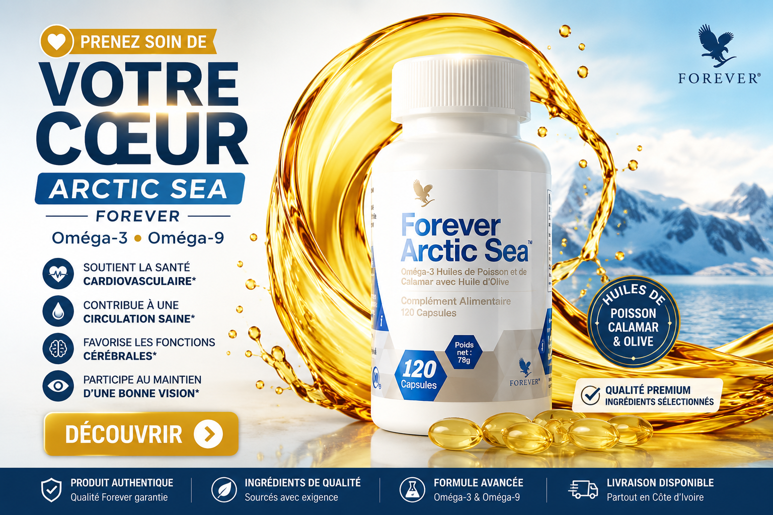 Forever Arctic Sea avec capsule d’oméga-3 et vague d’huile dorée – complément alimentaire à base d’huiles de poisson, de calamar et d’olive.