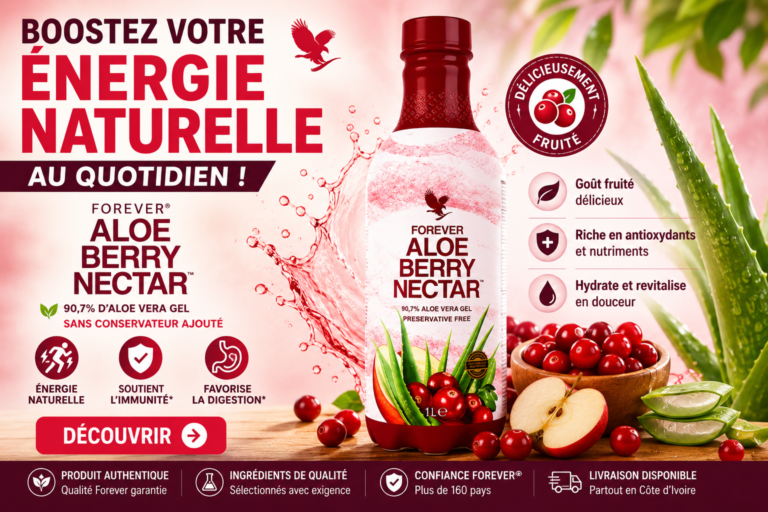 Forever Aloe Berry Nectar avec aloe vera et canneberges sur fond fruité – boisson à base d’aloe vera au goût fruits rouges pour le bien-être au quotidien.