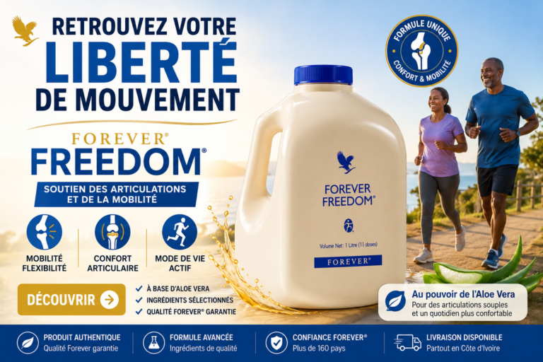Forever Freedom en bidon de 1 litre – formule à base d’aloe vera et d’ingrédients sélectionnés pour accompagner le confort articulaire et la mobilité.