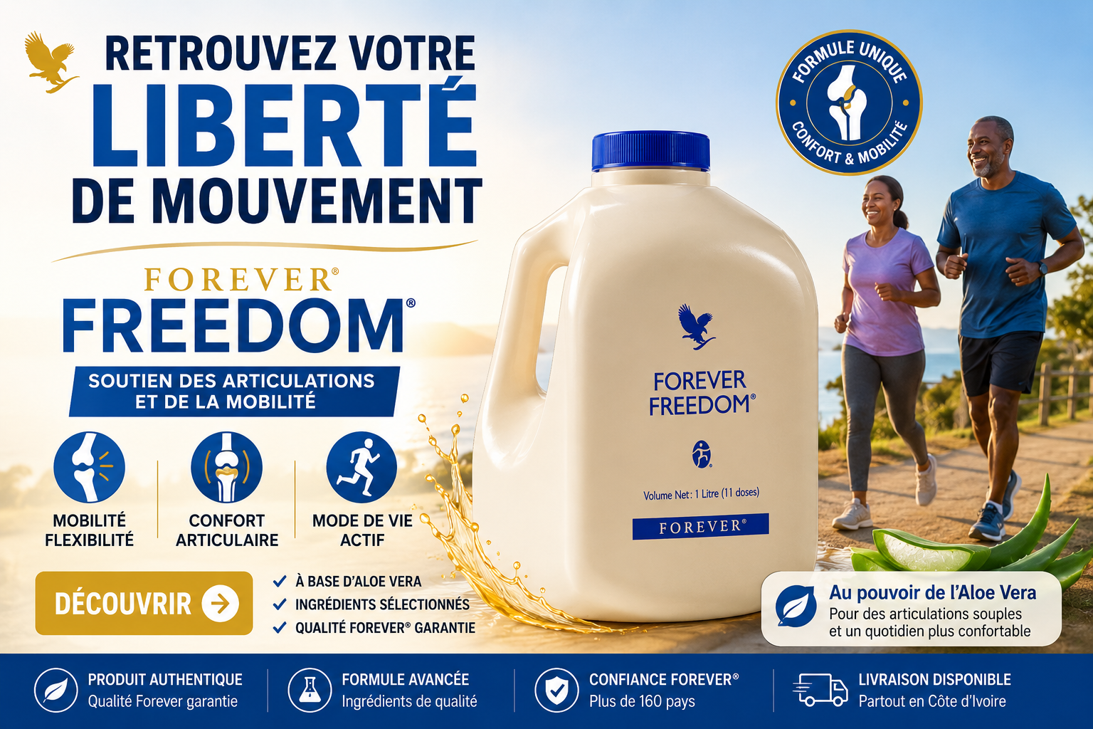 Forever Freedom en bidon de 1 litre – formule à base d’aloe vera et d’ingrédients sélectionnés pour accompagner le confort articulaire et la mobilité.