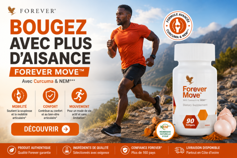 Forever Move avec sportif en mouvement – complément alimentaire à base de curcuma et de membrane naturelle d'œuf pour accompagner la mobilité et le confort articulaire.