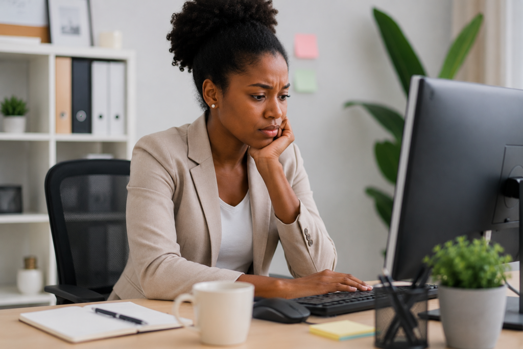 Femme au bureau concentrée et réfléchie