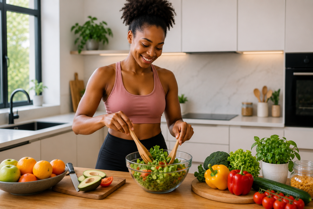 Préparation de salade dans une cuisine lumineuse